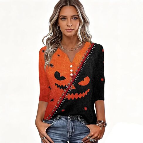 Halloween 3/4 Length Sleeve Womens Tops Casual Crewneck Pullover Tunics Summer Cute Blouses Fashion 2026 in Saudi Arabia
