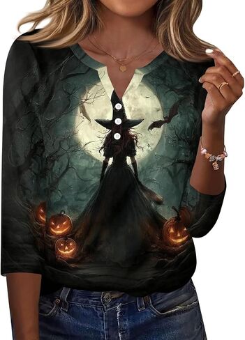 Halloween 3/4 Length Sleeve Womens Tops Casual Crewneck Pullover Tunics Summer Cute Blouses Fashion 2026 in Saudi Arabia