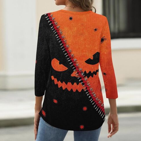 Halloween 3/4 Length Sleeve Womens Tops Casual Crewneck Pullover Tunics Summer Cute Blouses Fashion 2026 in Saudi Arabia