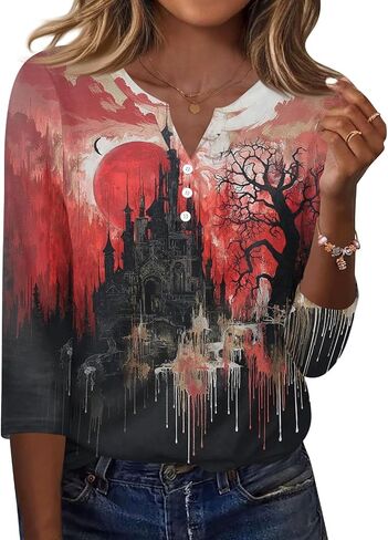 Halloween 3/4 Length Sleeve Womens Tops Casual Crewneck Pullover Tunics Summer Cute Blouses Fashion 2026 in Saudi Arabia