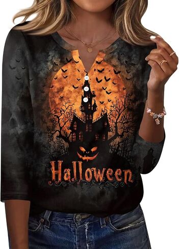 Halloween 3/4 Length Sleeve Womens Tops Casual Crewneck Pullover Tunics Summer Cute Blouses Fashion 2026 in Saudi Arabia