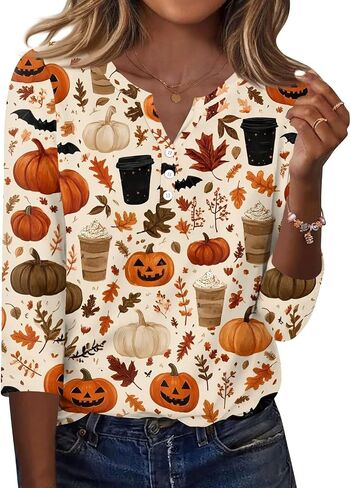 Halloween 3/4 Length Sleeve Womens Tops Casual Crewneck Pullover Tunics Summer Cute Blouses Fashion 2026 in Saudi Arabia