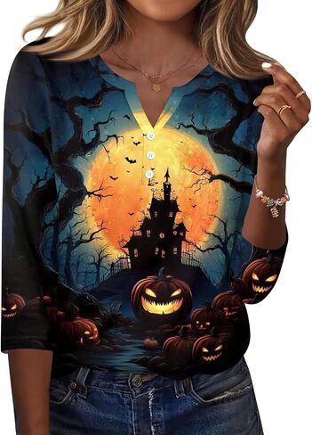 Halloween 3/4 Length Sleeve Womens Tops Casual Crewneck Pullover Tunics Summer Cute Blouses Fashion 2026 in Saudi Arabia