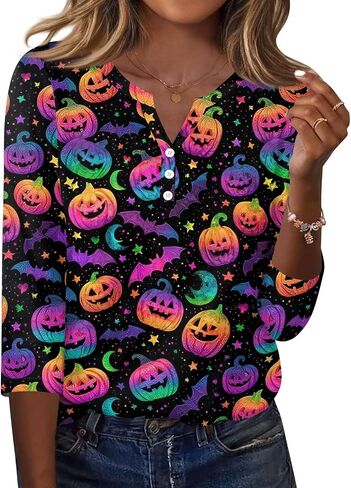 Halloween 3/4 Length Sleeve Womens Tops Casual Crewneck Pullover Tunics Summer Cute Blouses Fashion 2026 in Saudi Arabia