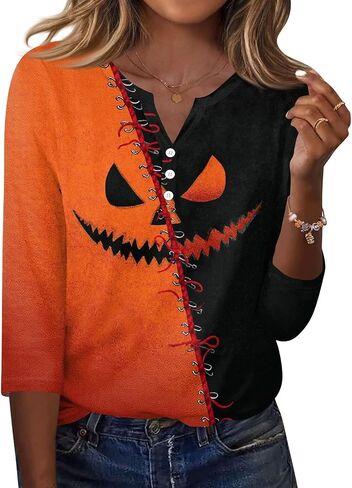Halloween 3/4 Length Sleeve Womens Tops Casual Crewneck Pullover Tunics Summer Cute Blouses Fashion 2026 in Saudi Arabia