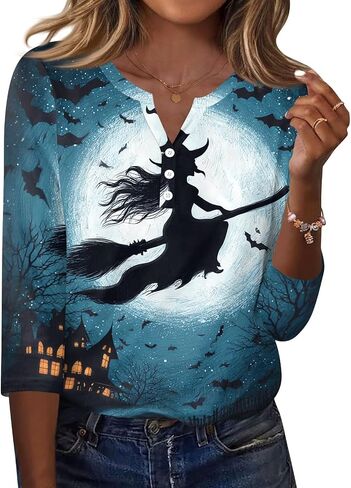 Halloween 3/4 Length Sleeve Womens Tops Casual Crewneck Pullover Tunics Summer Cute Blouses Fashion 2026 in Saudi Arabia