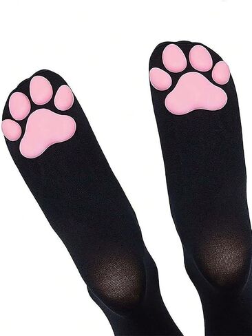 2pair Women Cat Paw Thigh High Stockings, 3D Paw Detail, Cute Over the Knee Socks, Black and White in Kuwait