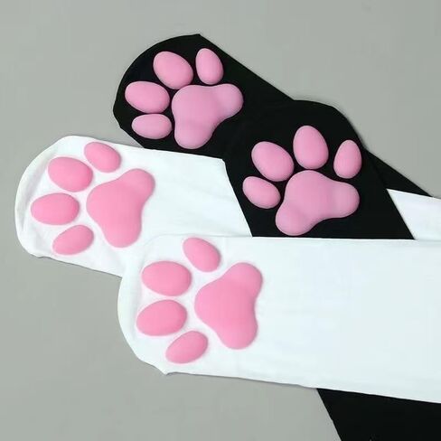 2pair Women Cat Paw Thigh High Stockings, 3D Paw Detail, Cute Over the Knee Socks, Black and White in Kuwait