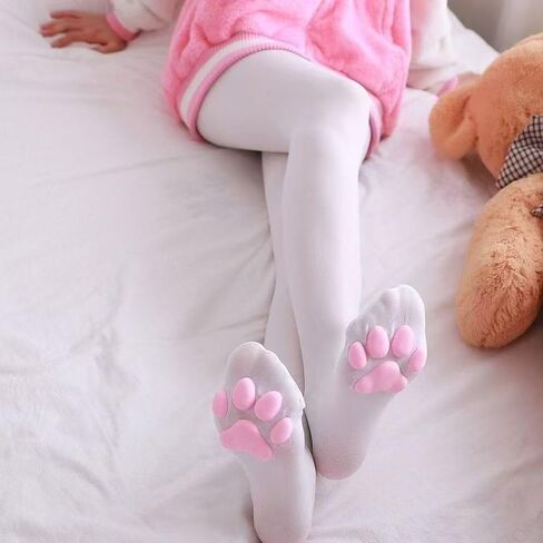 2pair Women Cat Paw Thigh High Stockings, 3D Paw Detail, Cute Over the Knee Socks, Black and White in Kuwait