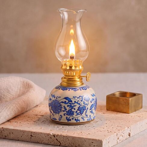Fumete Vintage Chamber Oil Lamps for Indoor Use, Glass Kerosene Lamp Lantern with Blue and White Chinoiserie Ceramic Base, Decorative Hurricane Lantern for Rustic Tabletop Decor (Fuel Not Included) in Kuwait