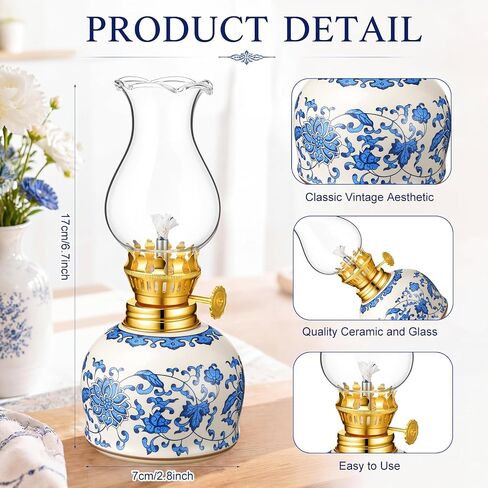 Fumete Vintage Chamber Oil Lamps for Indoor Use, Glass Kerosene Lamp Lantern with Blue and White Chinoiserie Ceramic Base, Decorative Hurricane Lantern for Rustic Tabletop Decor (Fuel Not Included) in Kuwait