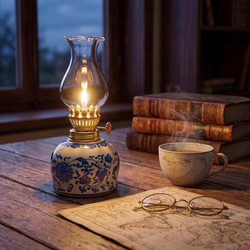 Fumete Vintage Chamber Oil Lamps for Indoor Use, Glass Kerosene Lamp Lantern with Blue and White Chinoiserie Ceramic Base, Decorative Hurricane Lantern for Rustic Tabletop Decor (Fuel Not Included) in Kuwait