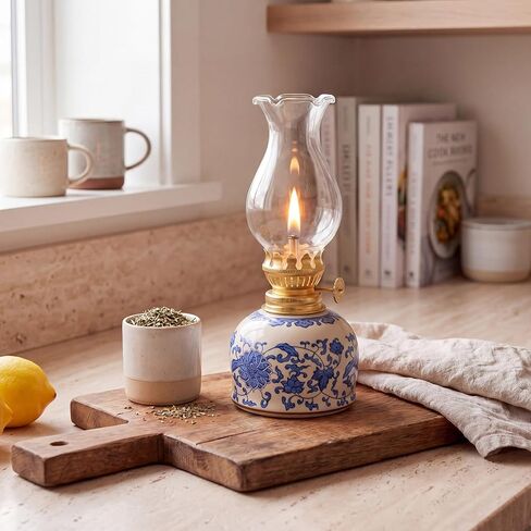 Fumete Vintage Chamber Oil Lamps for Indoor Use, Glass Kerosene Lamp Lantern with Blue and White Chinoiserie Ceramic Base, Decorative Hurricane Lantern for Rustic Tabletop Decor (Fuel Not Included) in Kuwait