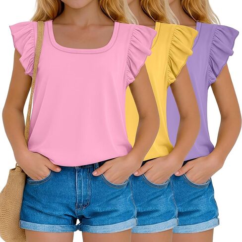 3 Pack Girl’s Ruffle Sleeve Tank Tops Square Neck Loose Fit T-Shirts Short Sleeve Blouse for Summer Trendy 5-14Y in Kuwait