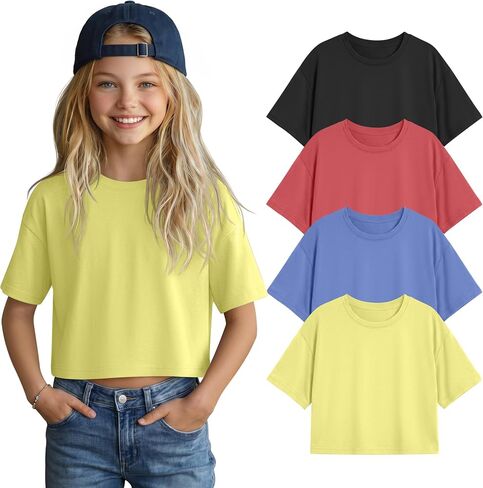 Halfchet 4 Pack Girls Crop Crew Neck Tops Short Sleeves Loose Kids Cropped Oversized T-Shirts Casual Basic Tees 5-14Y in Kuwait