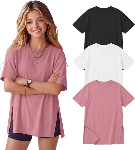 3 Pack Teen Girls T Shirts Short Sleeve Kids Summer Crewneck Loose Tops Tween Oversized Side Split Basic Tees 5-14Y in Kuwait