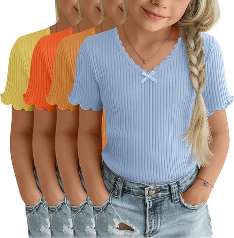 4 Pack Girls T-Shirt Summer Lettuce Trim Casual Ribbed Top Lace Cute Bow Tie V Neck Fashion Tees in Kuwait
