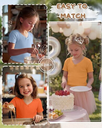 4 Pack Girls T-Shirt Summer Lettuce Trim Casual Ribbed Top Lace Cute Bow Tie V Neck Fashion Tees in Kuwait