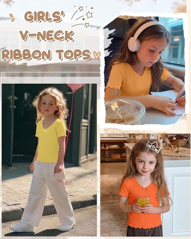 4 Pack Girls T-Shirt Summer Lettuce Trim Casual Ribbed Top Lace Cute Bow Tie V Neck Fashion Tees in Kuwait