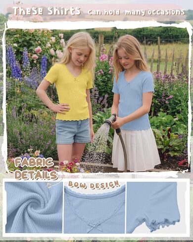 4 Pack Girls T-Shirt Summer Lettuce Trim Casual Ribbed Top Lace Cute Bow Tie V Neck Fashion Tees in Kuwait