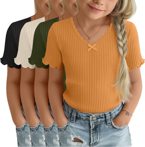 4 Pack Girls T-Shirt Summer Lettuce Trim Casual Ribbed Top Lace Cute Bow Tie V Neck Fashion Tees in Kuwait