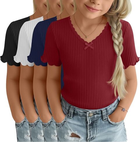 4 Pack Girls T-Shirt Summer Lettuce Trim Casual Ribbed Top Lace Cute Bow Tie V Neck Fashion Tees in Kuwait