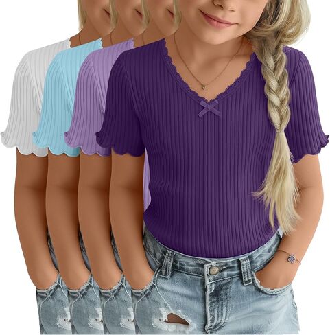 4 Pack Girls T-Shirt Summer Lettuce Trim Casual Ribbed Top Lace Cute Bow Tie V Neck Fashion Tees in Kuwait