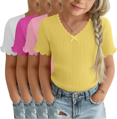4 Pack Girls T-Shirt Summer Lettuce Trim Casual Ribbed Top Lace Cute Bow Tie V Neck Fashion Tees in Kuwait