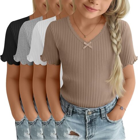 4 Pack Girls T-Shirt Summer Lettuce Trim Casual Ribbed Top Lace Cute Bow Tie V Neck Fashion Tees in Kuwait