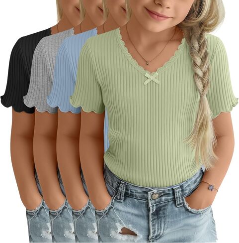 4 Pack Girls T-Shirt Summer Lettuce Trim Casual Ribbed Top Lace Cute Bow Tie V Neck Fashion Tees in Kuwait