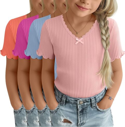 4 Pack Girls T-Shirt Summer Lettuce Trim Casual Ribbed Top Lace Cute Bow Tie V Neck Fashion Tees in Kuwait