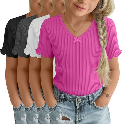 4 Pack Girls T-Shirt Summer Lettuce Trim Casual Ribbed Top Lace Cute Bow Tie V Neck Fashion Tees in Kuwait