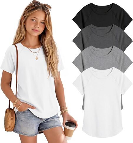 Yooo's Vivi 4 Pack Girls Shirts Short Sleeve Teen Crew Neck Loose Fit Tops Curved Hem Cute Casual Tees Kid 5-14 Years Summer in Kuwait