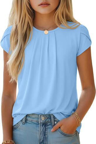 Halfchet Girls' Shirts Teen Short Sleeve Pleated Ruffle Crew Neck Cute Loose Blouses Tops Kids Summer Casual Tees 5-14 Years in Kuwait