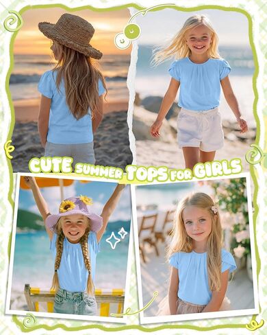 Halfchet Girls' Shirts Teen Short Sleeve Pleated Ruffle Crew Neck Cute Loose Blouses Tops Kids Summer Casual Tees 5-14 Years in Kuwait