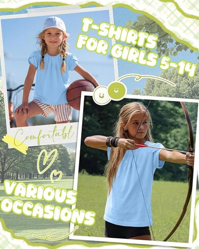 Halfchet Girls' Shirts Teen Short Sleeve Pleated Ruffle Crew Neck Cute Loose Blouses Tops Kids Summer Casual Tees 5-14 Years in Kuwait