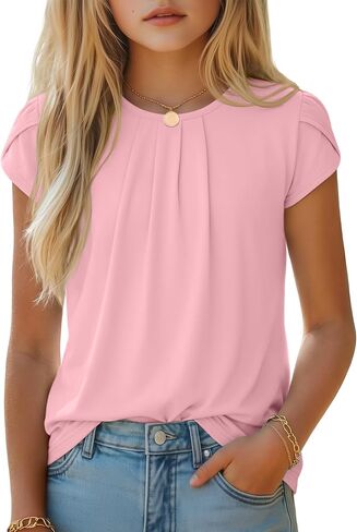Halfchet Girls' Shirts Teen Short Sleeve Pleated Ruffle Crew Neck Cute Loose Blouses Tops Kids Summer Casual Tees 5-14 Years in Kuwait