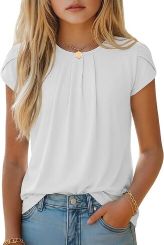 Halfchet Girls' Shirts Teen Short Sleeve Pleated Ruffle Crew Neck Cute Loose Blouses Tops Kids Summer Casual Tees 5-14 Years in Kuwait