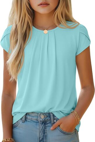 Halfchet Girls' Shirts Teen Short Sleeve Pleated Ruffle Crew Neck Cute Loose Blouses Tops Kids Summer Casual Tees 5-14 Years in Kuwait