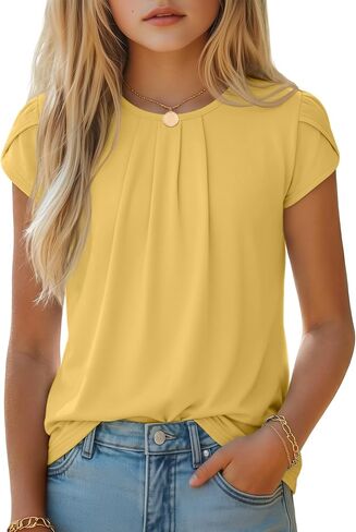 Halfchet Girls' Shirts Teen Short Sleeve Pleated Ruffle Crew Neck Cute Loose Blouses Tops Kids Summer Casual Tees 5-14 Years in Kuwait