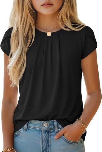 Halfchet Girls' Shirts Teen Short Sleeve Pleated Ruffle Crew Neck Cute Loose Blouses Tops Kids Summer Casual Tees 5-14 Years in Kuwait