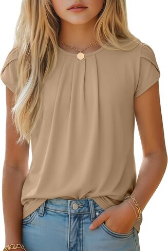 Halfchet Girls' Shirts Teen Short Sleeve Pleated Ruffle Crew Neck Cute Loose Blouses Tops Kids Summer Casual Tees 5-14 Years in Kuwait