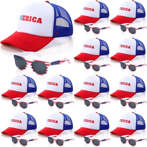 24/48 Pcs 4th of July Patriotic USA Trucker Hat White Red Blue American Flag Sunglasses 250 Anniversary Party Gifts in Kuwait
