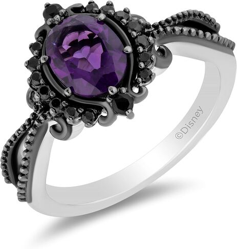 Jewelili Enchanted Disney Fine Jewelry الروديوم الأسود فوق الفضة الإسترليني مع 1/6 CTTW الماس والجمشت وخاتم أورسولا من العقيق الأسود in Kuwait