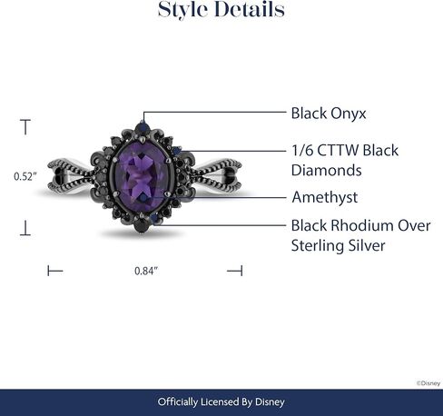 Jewelili Enchanted Disney Fine Jewelry الروديوم الأسود فوق الفضة الإسترليني مع 1/6 CTTW الماس والجمشت وخاتم أورسولا من العقيق الأسود in Kuwait