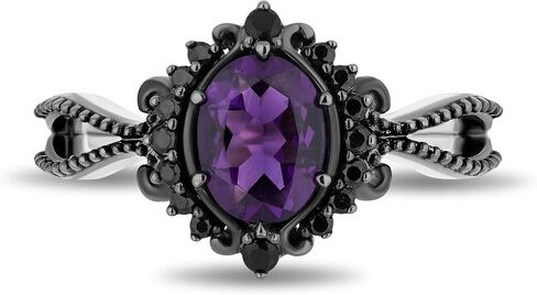 Jewelili Enchanted Disney Fine Jewelry الروديوم الأسود فوق الفضة الإسترليني مع 1/6 CTTW الماس والجمشت وخاتم أورسولا من العقيق الأسود in Kuwait