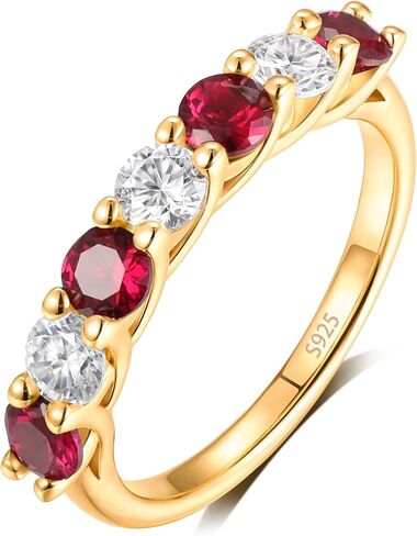 FWM 7 Stones Moissanite and Sapphire/Ruby/Emerald Eternity Rings for Women, Solid 925 Sterling Silver , Yellow Gold Plated, Anniversary Birthday Mothers Day Jewelry Gift, Stackable Wedding Ring, Size 5-9 in Saudi Arabia
