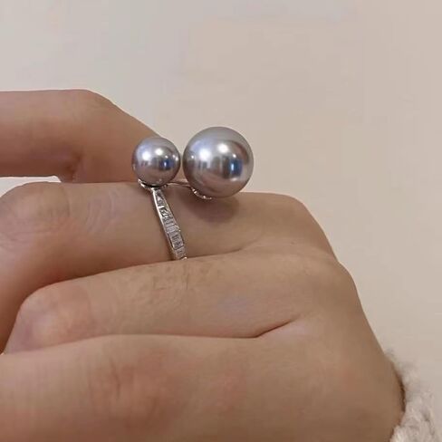 Two-Tone Pearl Open Ring for Women, Adjustable Sterling Silver Pearl & Cubic Zirconia Band, Elegant Stackable Statement Ring for Wedding, Engagement, Anniversary Valentine’s Day Gift（Black） in Saudi Arabia