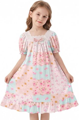 MHJY Toddler Girls Nightgowns Puff Short Sleeve Princess Nightgown Lace Soft Vintage Kids Sleepwear Nightdress in Kuwait