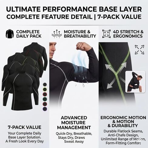7 Pack Men's Long Sleeve Compression Shirt Mock Neck, Athletic Workout Gym Undershirt Running Base Layer Top in Saudi Arabia
